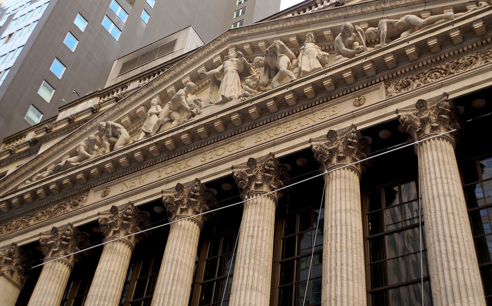 Facade of a major stock exchange building with tall columns